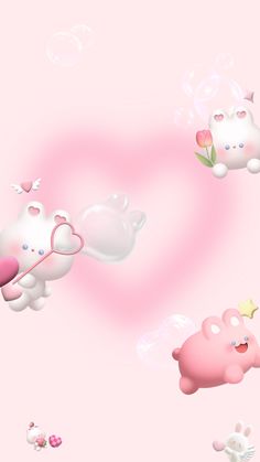 two pink and white teddy bears floating in the air with bubbles coming out of them