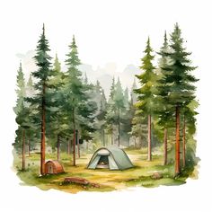 a painting of a tent in the middle of a forest with pine trees and tents