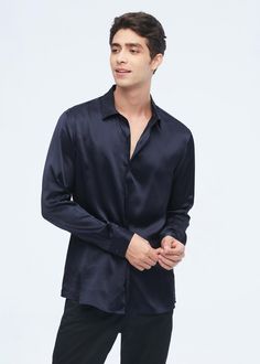 Formal Blue Silk Shirt, Semi-formal Long Sleeve Silk Shirt, Male Silk Shirt, Semi-formal Silk Shirt With Button Cuffs, Mens Long Sleeve Satin Shirt, Silk Shirt For Men, Placket Design, Home Wear, Satin Shirt