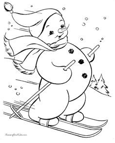 a snowman is skiing down the hill in winter coloring pages for adults and kids