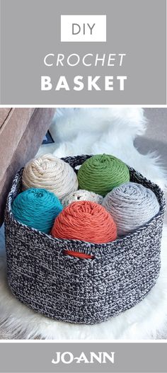 crochet basket with balls of yarn in it and text overlay that reads, diy crochet basket