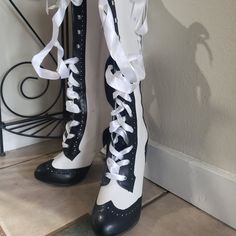 Express Your Inner Wild-Child! These Are Ultra Sexy, Show-Stealing Boots! 4 1/2" Heel, With 1/2" Platform. Size 8m. Nwot Heeled Boots Drawing Reference, Trapeze Boots, Black And White Jester, Artist Sona, Sequin Thigh High Boots, Slay Clothes, Feather Boots, Crazy High Heels, Monster High Shoes