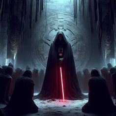 darth vader standing in front of a group of people with lightsabens