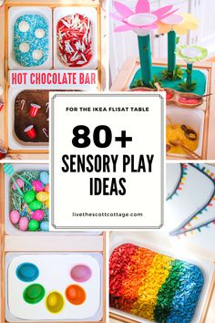 the words hot chocolate bar are shown above photos of colorful play items