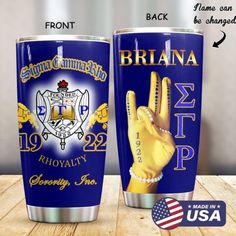 two tumblers with the same image on them, one has a yellow hand and the other has a blue background