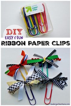 the ribbon paper clips are different colors and sizes