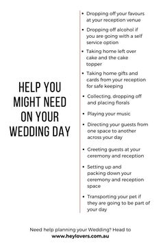 a wedding checklist with the words help you might need on your wedding day in black and white