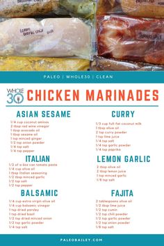 the ingredients for chicken marinades are shown in blue and white, with text on top