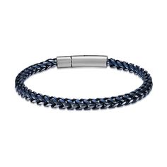 Make a bold impression with this blue foxtail chain bracelet. Solid stainless steel with blue ion plate 5.0mm width 8.5 inches; deployment buckle clasp Modern Blue Jewelry With Stainless Steel Clasp, Blue Jewelry With Stainless Steel Clasp For Gift, Blue Bracelets With Stainless Steel Clasp As A Gift, Steel Blue, Chain Bracelet, Buckle, Stainless Steel, Bracelet, Chain