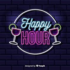 happy hour neon sign with two wine glasses on brick wall background, for restaurant or bar