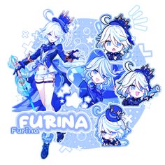 the anime character furina is wearing blue clothes and holding an umbrella with her hands