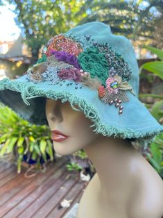 Whimsical Handmade Brimmed Hat, Handmade Green Bohemian Hats, Whimsical Handmade Bucket Hat For Spring, Whimsical Adjustable Brimmed Bucket Hat, Handmade Bohemian Bucket Hat, One Size, Handmade Fabric Purses, Bohemian Hats, Hippie Hat, Sustainable Denim