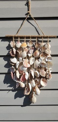 several seashells are hanging from a rope on the side of a building,