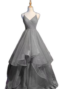 Gray Prom Dress With Fitted Bodice, Elegant Gray Tulle Evening Dress, Gray Prom Evening Dress For Prom Season, Gray Evening Dress For Prom, Elegant Gray Dress With Spaghetti Straps, Elegant Gray Spaghetti Strap Dress, Gray Sleeveless Evening Dress, Tulle Evening Gown, Party Dress Formal