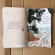 an open book with a photo inside on a cardboard box next to the words, my entire life can be described in white letters