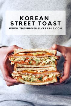 two halves of Korean Street toast held by hands Korean Street Sandwich Recipe, Korean Street Toast Sandwich, Korean Street Toast Recipe, Korean Street Sandwich, Korean Breakfast Sandwich, Korean Toast Sandwich, Korean Egg Sandwich, Asian Sandwiches, South Korean Street