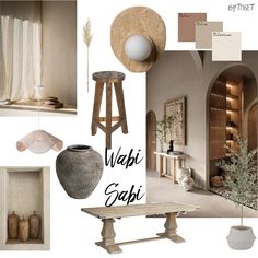 an interior design board with neutrals and whites for the walls, furniture, and accessories