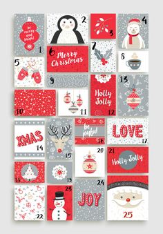 christmas greeting card with santa claus, penguin and snowman on red gray white background