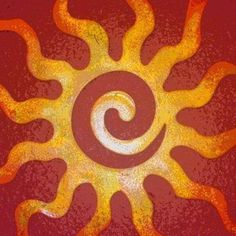 the sun is painted in yellow and red on a maroon background with white swirls