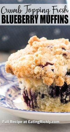 crumb topping fresh blueberry muffins on a plate with text overlay