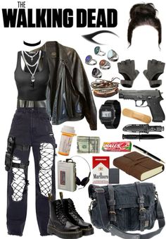 the walking dead costume is shown in black and white, with accessories including boots, jeans,