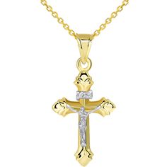 Handmade Gold Elegant Three Dimensional Religious Crucifix Pendant with a Dainty Gold Chain Necklace. Finely Handcrafted Genuine 14 Karat Gold in Stunning Polished Finish. . . . . . . . #jewelryamerica #3d-religiouscrucifixpendant #14k-gold #handcraftedjewelry #twotonegoldjewelry #jewelrylove #jewelryforall #crucifixpendant 14k Gold Crucifix Necklace For Formal Occasions, Gold Crucifix Necklace In 14k Gold, Formal Crucifix Necklace With Polished Finish, 14k White Gold Crucifix Necklace, 14k Gold Crucifix Jewelry, Hallmarked Crucifix Necklace For Anniversary, 14k Gold Crucifix Necklace Fine Jewelry, 14k Gold Crucifix Necklace With Diamond Cut, 14k Gold Engraved Crucifix Necklace