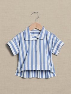 Let's take a trip! Imagine your little one in this charming cotton shirt, created from soft poplin and finished with a johnny-collar.  Truly a wardrobe staple for every vacation.  Johnny collar with bottom pleat.  Roll cuffs with button closure.  Hig Johnny Collar, Popover Shirt, Baby Size, High Low Hem, Boy Fashion, Blue Stripes, Wardrobe Staples, Cotton Shirt, Baby Toddler