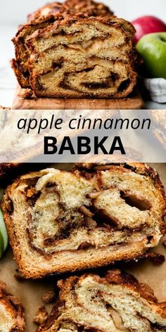 an apple cinnamon babka is cut in half and stacked on top of each other