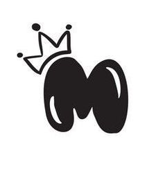 the letter m with a crown on top is shown in black and white, as well as