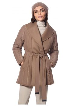 Linda Richards 30" Wool Goose Down Wrap Coat 9032 | Camel Fox White, Belt Tie, Line Pattern, Wrap Coat, Stylish Clothes For Women, Silver Fox, Line Patterns, Shawl Collar, Cloak