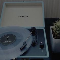 a record player sitting on top of a table next to a potted cacti