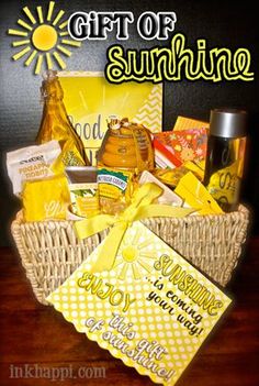 a basket filled with yellow items on top of a wooden table