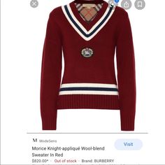 Burberry Wool Sweater. Sz S. Nwot. No Longer Have Tags. Burberry Signature Wool Blend Sweater Tops Burberry. Tags Cut Off. Morice Knight-Appliqu Wool-Blend Sweater In Burgundy/Red. Price Firm Burberry Traditional British Knitwear Red Wool-Blend Morice Sweater. V-Neck With White And Navy Intarsia Stripes, And Is Accented By An Embroidered Knight Appliqu Patch A Signature Motif Since 1901. Layer It Over A Navy Roll-Neck Top And Smart Trousers To Heighten The Preppy Mood. Composition: 70% Wool, 30% Burberry Sweater, Roll Neck Top, Sweater Tops, Smart Trousers, Red Wool, Roll Neck, Wool Blend Sweater, Wool Sweater, Burgundy Red