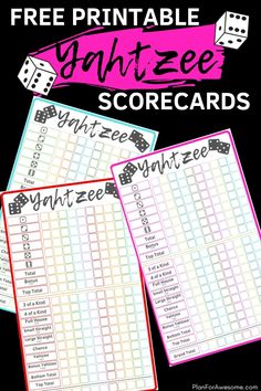 three free printable yahtee score cards with dices