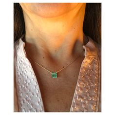 Square Cut Colombian Emerald Solitaire Pendant Drop Necklace in 14K Yellow Gold. This necklace features a medium green natural Colombian emerald, clarity: SI, Weight 1.68 Carat, Square Shaped 7.0mm x 7.0mm prong-style setting. Wheat Chain 14K Yellow Gold 16.5" total pendant necklace weight 2.55g Emeralds typically contain inclusions that are visible to the unaided eye. Because of this, trade members and some consumers understand and accept the presence of inclusions in emeralds. Eye-clean emeral American Modern, Colombian Emeralds, Solitaire Pendant, Square Cut, Drop Necklace, Jewelry Necklace Pendant, Emerald, Jewelry Necklaces, Yellow Gold