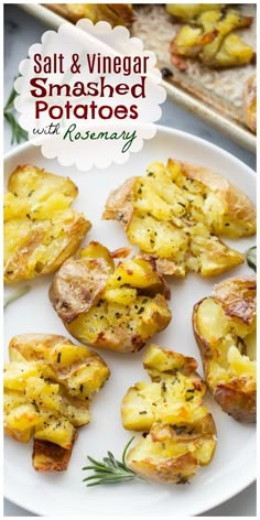 some potatoes on a white plate with rosemary sprinkled on top and the words, salt & vinegar smashed potatoes with rosemary