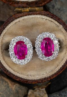 Oval Ruby Earrings With Halo Design, Halo Stud Earrings, Halo Earrings Studs, Sparkling Diamond, Ruby Diamond, Stunning Earrings, Diamond Halo, Sparkle Diamonds, Pierced Ears