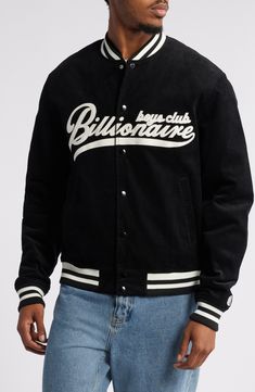 Put a varsity-inspired twist on your ensemble with this retro corduroy bomber jacket emblazoned with the label's signature Helmet Head logo at the back. Front snap closure Blade collar Front welt pockets Ribbed cuffs and hem Lined 100% cotton Dry clean Imported Black Owned/Founded Black Corduroy Jacket, Helmet Head, Varsity Jacket Men, Billionaire Boy, Suits And Jackets, Japanese Streetwear, Maisie Williams, Billionaire Boys Club, Pharrell Williams