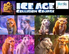 the ice age collision course is shown in four different pictures, including two lions and one tiger