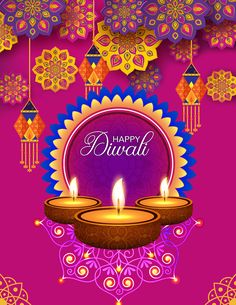 happy diwali greeting card with two lit candles in front of an ornate background