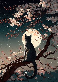 a cat sitting on top of a tree branch in front of a moon filled sky