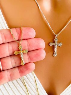 This is a beautiful 925 sterling silver crucifix cross necklace. This crucifix cross comes in all silver or two-tone sterling silver with gold plating. Chain is a box chain 1 mm with spring clasp in back. Gold version chain is 14 K gold filled, and the silver version chain is 925 sterling silver.  Model is wearing a 18 inch length in the sterling silver and a 16 inch length and the two-tone gold version. Please choose your desired length. This cross measures 30 X 18 mm. Comes in a gift box ready to present. Gold Cross Pendant Necklace With Box Chain, Gold Cross Necklace With Box Chain, Crucifix Cross Necklace With Box Chain, Silver Crucifix Cross Necklace With Box Chain, Crucifix Cross Necklace With Box Chain As Gift, Crucifix Box Chain Necklace As Gift, Crucifix Necklace With Box Chain For Gift, Box Chain Crucifix Necklace For Gift, Cross Necklace Aesthetic