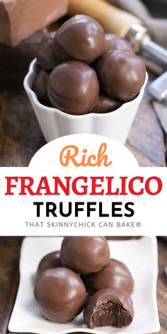 chocolate truffles on a white plate with the words rich frangelico truffles