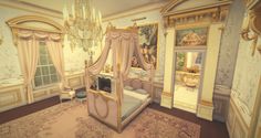 an ornate bedroom with chandelier, mirror and bed in the middle of it