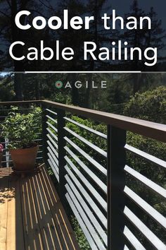 a wooden deck with the words cooler than cable railing on it and an image of a