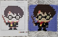 two crocheted squares with pictures of cartoon characters on them