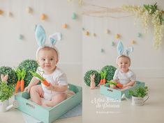 a baby sitting in a box with carrots, broccoli and celery