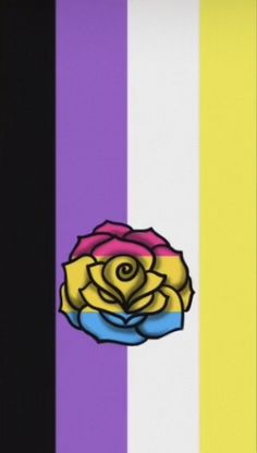 an image of a flower on the side of a rainbow striped wallpaper with black, yellow, pink, and blue stripes