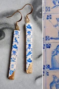 Bijoux Portugal Tiles, Broken China Jewelry, China Jewelry, Golden Earrings, Blue Maxi, Ceramic Jewelry, Gold Dipped, Bijoux Diy, Jewelry Inspo