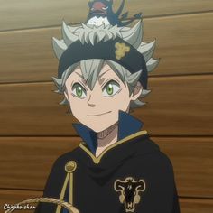 an anime character with grey hair and green eyes wearing a black outfit, standing in front of a wooden wall